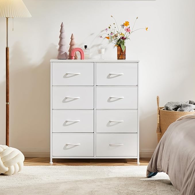 Sweetcrispy Dresser for Bedroom, Chest Organizer Unit with 8 Fabric Bins, Fabric Storage Tower, Drawer Organizer with Steel Frame, Wooden Top for Living Room, Closet