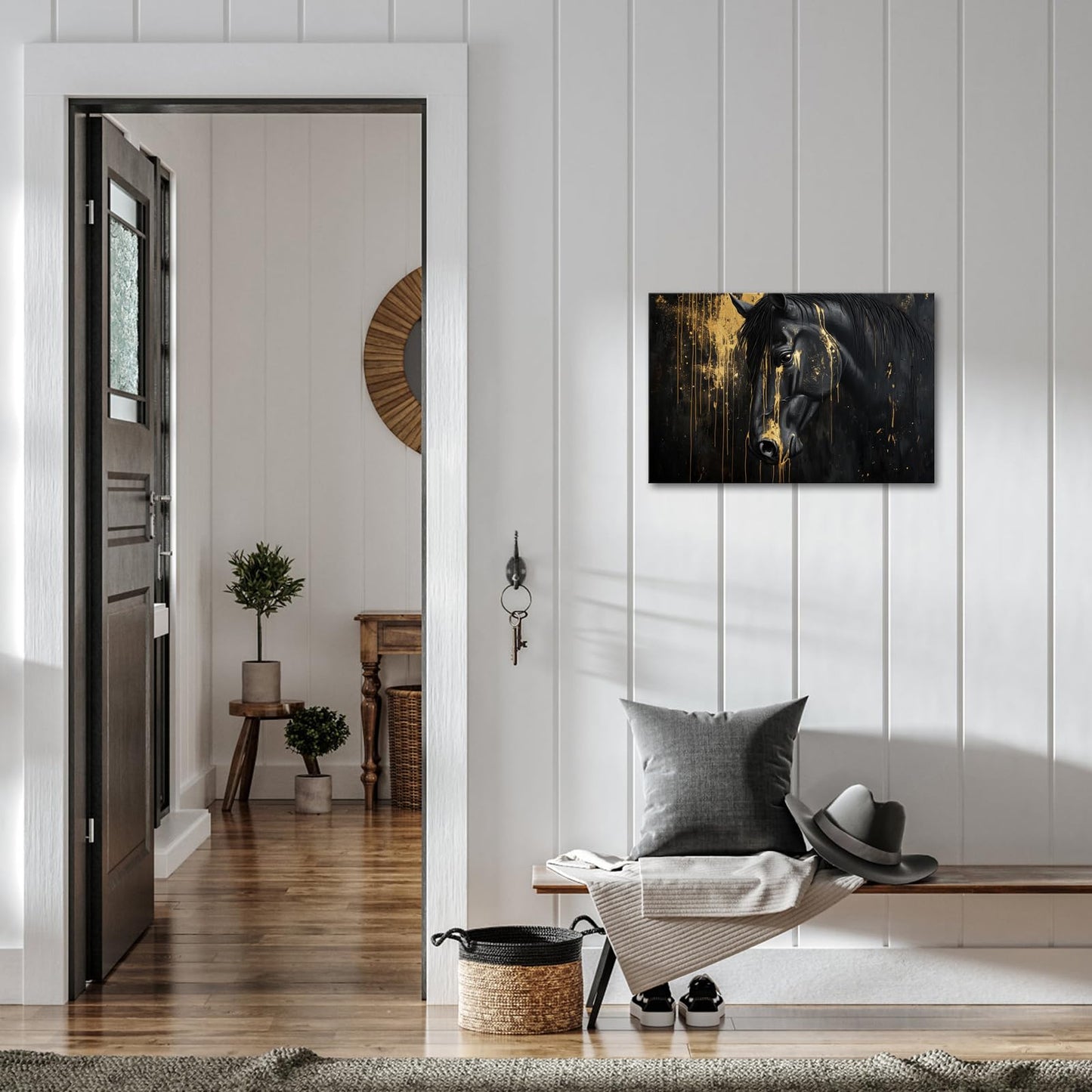 seteuret Black and Gold Wall Art, Abstract Horse Painting Prints - Drip Effect Canvas Artwork for Modern Office Decor, 16"x24"