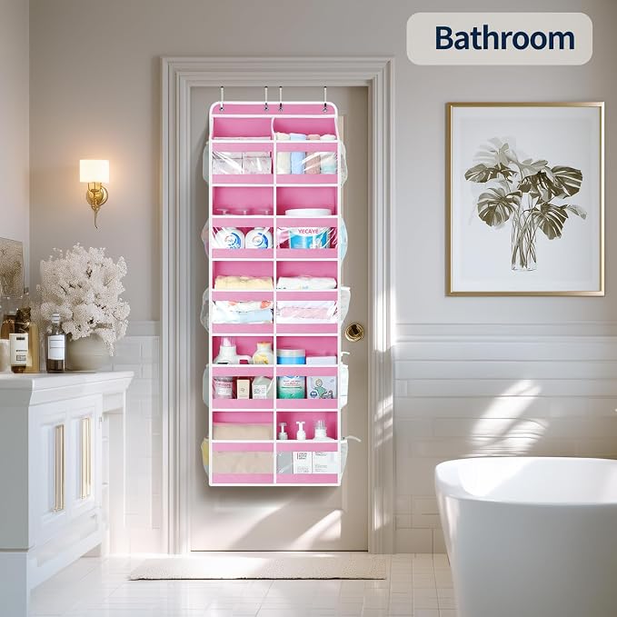 Yecaye 5-Tier Over The Door Organizer Dual-Column, 80lbs Load Stuffed Animal Storage of 10 Compartments, Heavy Duty Door Organizer Hanging for Bedroom Dorm Bathroom Pantry, Macaron Pink, 1 Pack