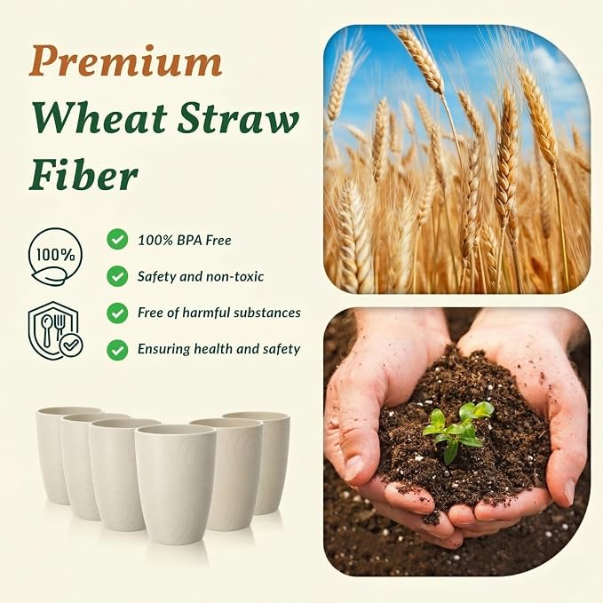 Homienly Unbreakable Drinking Glasses 16oz Wheat Straw Cups–6-Pack Reusable Stackable & Dishwasher Safe Cups for Kitchen-Beige