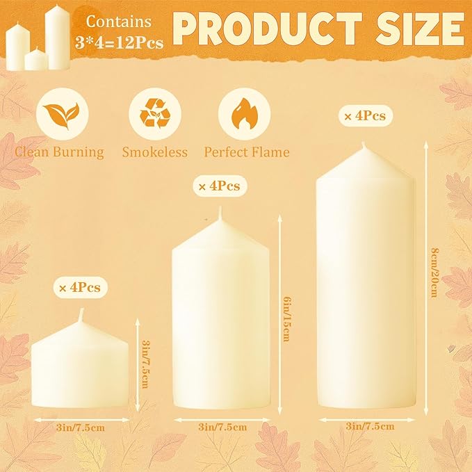 Ivory Pillar Candles Bulk Set of 12ï¼? Different Lengths 3 x 3/6/8 Inch (4 Each)，Hurricane Candles，Dripless Unscented Smokeless，Gives You a Better Atmosphere When Organizing an Event Party.