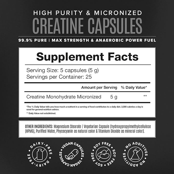 Micronized Creatine Monohydrate Capsules for Muscle Growth & Recovery, Pre & Post Workout, Vegan Creatine, Caffeine Free, Gluten Free, Sugar Free | 25 Servings | 125 Capsules