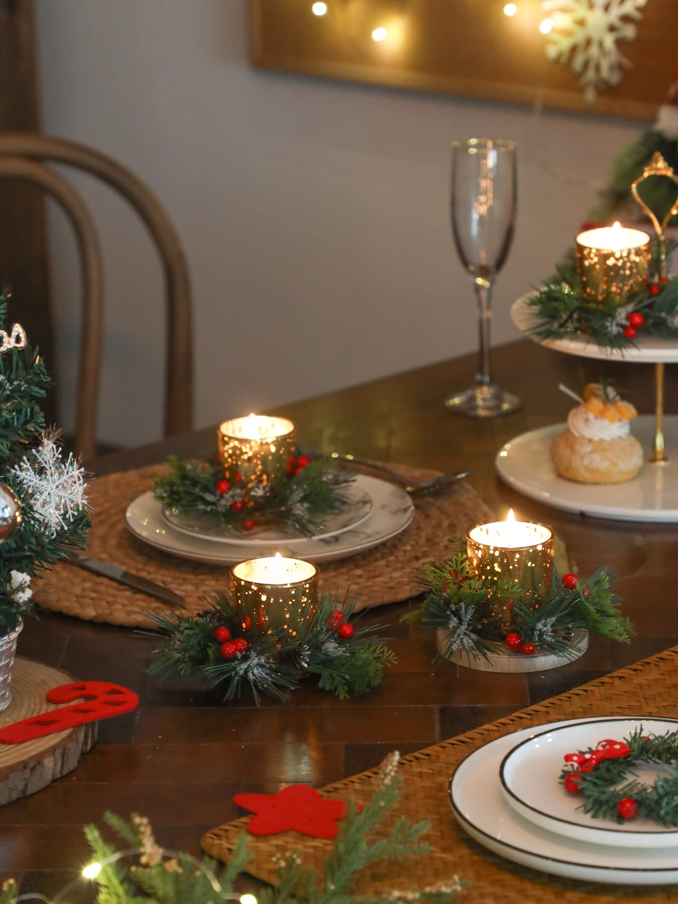 Christmas Candle Ring, 4 Pcs Votive Candle with Red Berry Pinecone, Xmas Ring Candle for Table Centerpiece Decoration Wedding Holiday,Gold