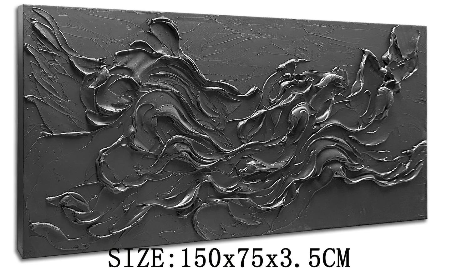 zoinart Hand Painted Large Black Wall Art 30"x60" Thick Texture Minimalist Oil Paintings Contemporary Art Oil on Canvas Abstract Textured Wall Art Pure Black Wall Art