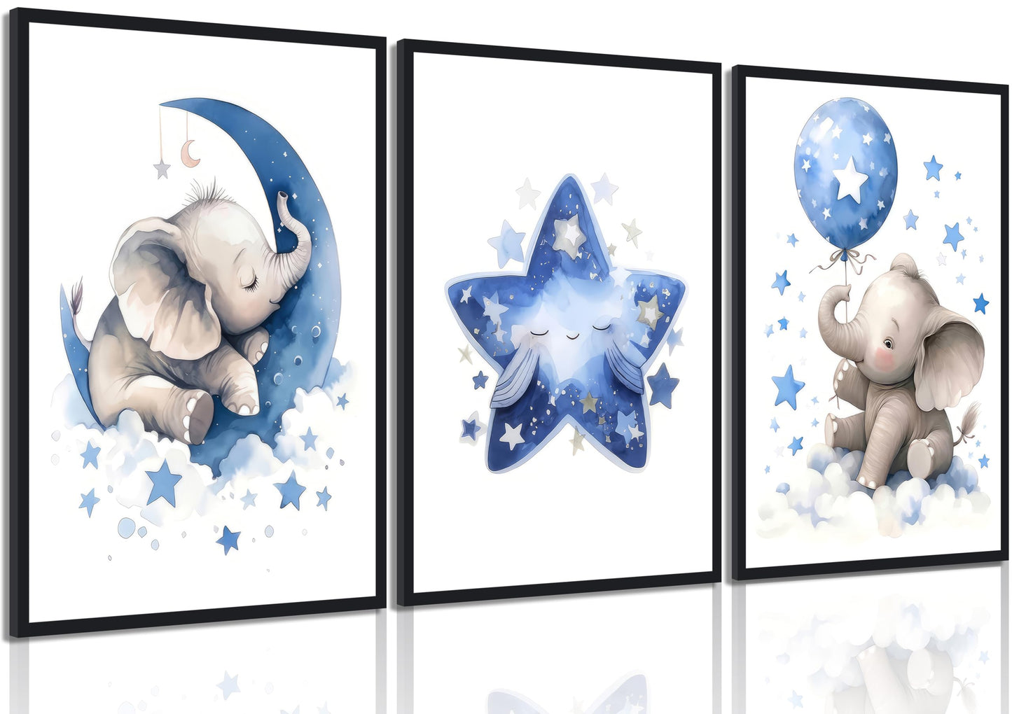 3Pcs Blue Nursery Elephant Canvas Wall Art Baby Boy Wall Decor Cute Animal Painting Pictures Moon And Stars Balloon Poster Prints for Nursery Classroom Kids Room Bedroom Home Decoration 12X16unframed