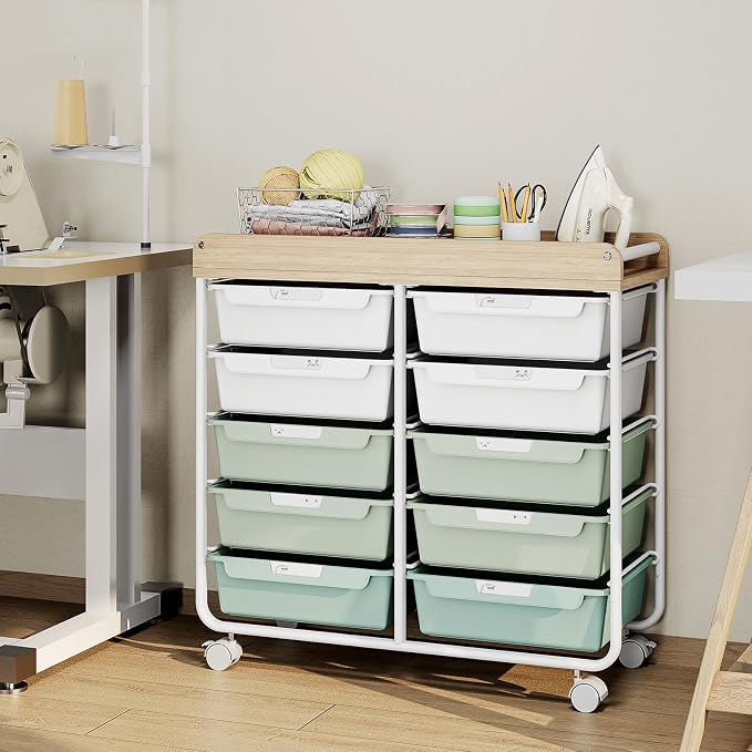 10 Drawers Rolling Cart with Wooden Tabletop, Utility Storage Cart with Wheels, Art Supply Craft Organizer on Wheel with Metal Frame & Handles for Home Office School,Green