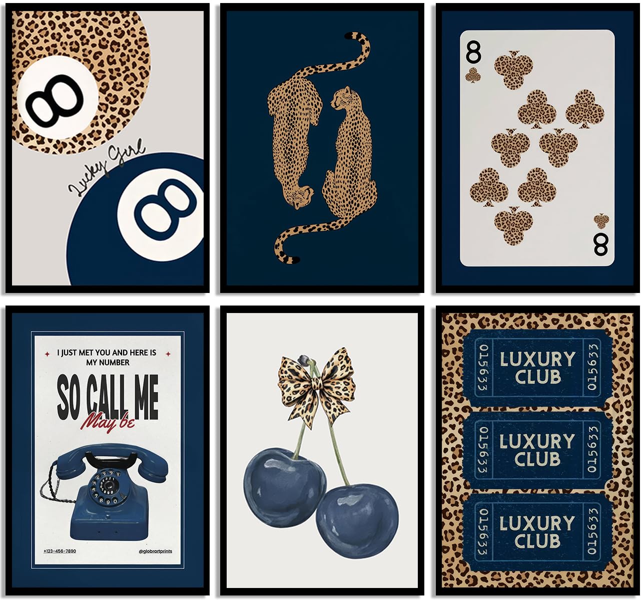 6Pcs Navy Blue Trendy Leopard Canvas Wall Art Fashion Lucky 8 Ball Painting pictures Preppy Y2K Aesthetics Wall Decor Trend Cheetah Prints Artwork for College Dorm Home Decoration 8x10in Unframed