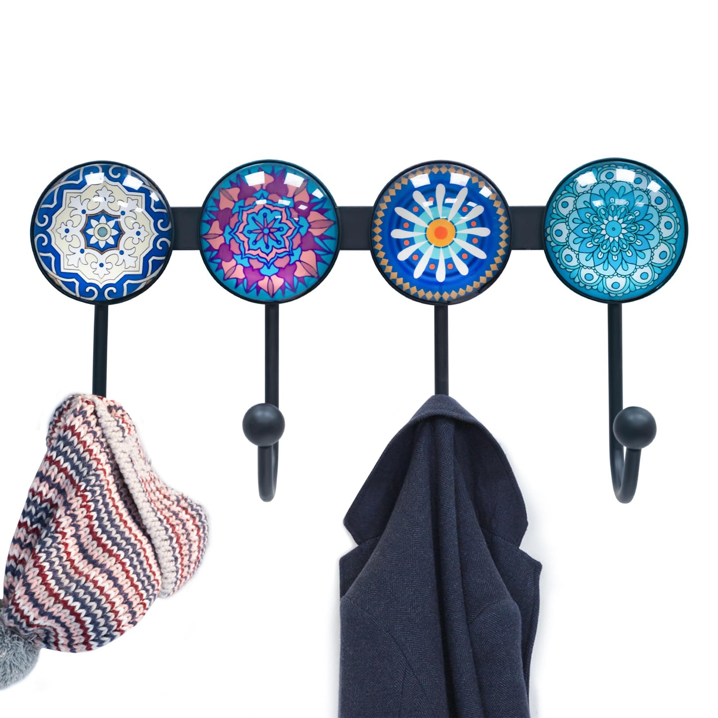 Banllis Coat Rack Wall Mounted with 4 Hooks, Round Blue Pattern Decorative Wall Hooks for Hanging Hat, Key, Towel, Purse, Bag and Robe, for Entryway Bathroom Organizer Hanger