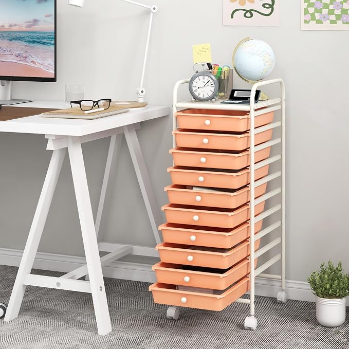 MEDIMALL 10 Drawers Rolling Storage Cart, Multipurpose Craft Storage Cart with Wheels, Mobile Tools Scrapbook Paper Organizer Cart for Office School Home Use