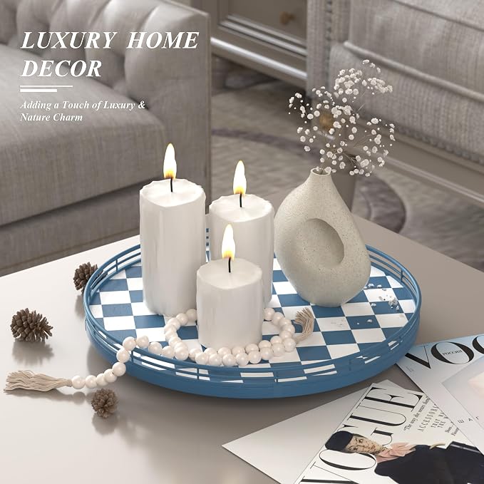 Premium Rubber Wood Lazy Susan Turntable, Blue White Checkerboard Decorative Serving Tray, Hand-Welded Metal Railing, Stable Rotating Organizer for Dining Table, Kitchen Counter, Coffee Table Decor