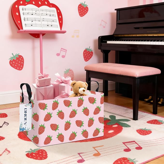 Rectangular Strawberry Pattern Storage Bin, Decorative Canvas Laundry Basket with Dual Handles, Foldable Household Toy Organizer, Multipurpose Party Gift Basket for Bedroom Dorm Closet