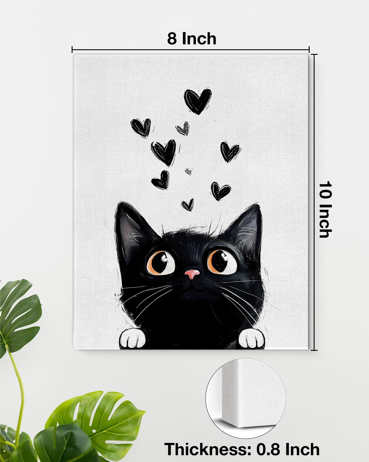 Cute Cartton Cat Canvas Wall Art Black Kitten Print Poster Framed Painting for Home Living Room Bedroom Wall Decor 8x10 Inch, Cat Lover Gifts
