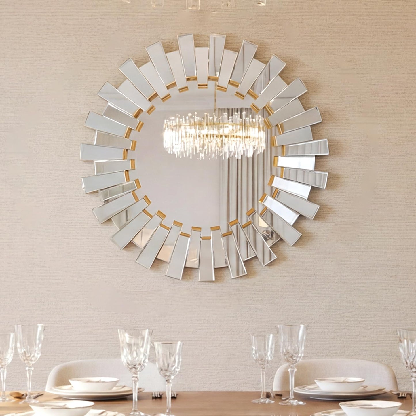 Uniclinens Gold Sunburst Mirror 26" - Decorative Wall Mirror Large, Round Modern Bohemian Sun Decor for Bedroom Living Room Hallway Bathroom Entrance