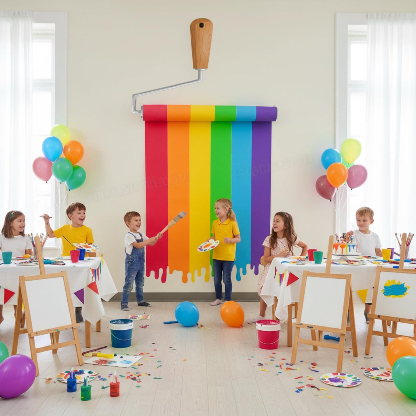 Eaasty 90 Inches 3D Art Painting Classroom Wall Decor Rainbow Paint Party Bulletin Board Decorations Set DIY Paint Brush Cutout Rainbow EVA Back to School Decoration for First Day of School Chalkboard