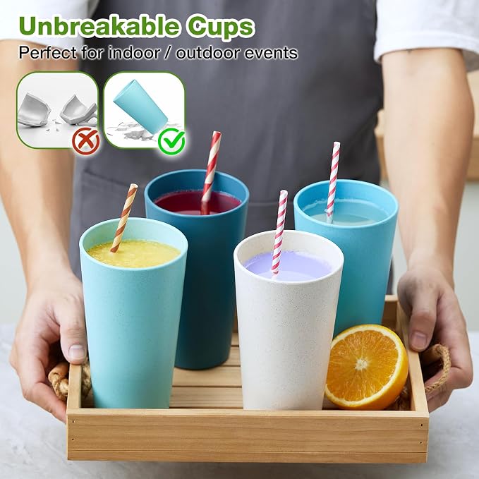Hlukana Wheat Straw Cups Set of 8, 20 oz Unbreakable Drinking, Chip Resistant, Reusable Water Set, Large for Kitchen, Camping, BPA Free Cups, Dishwasher & Microwave Safe Tumbler