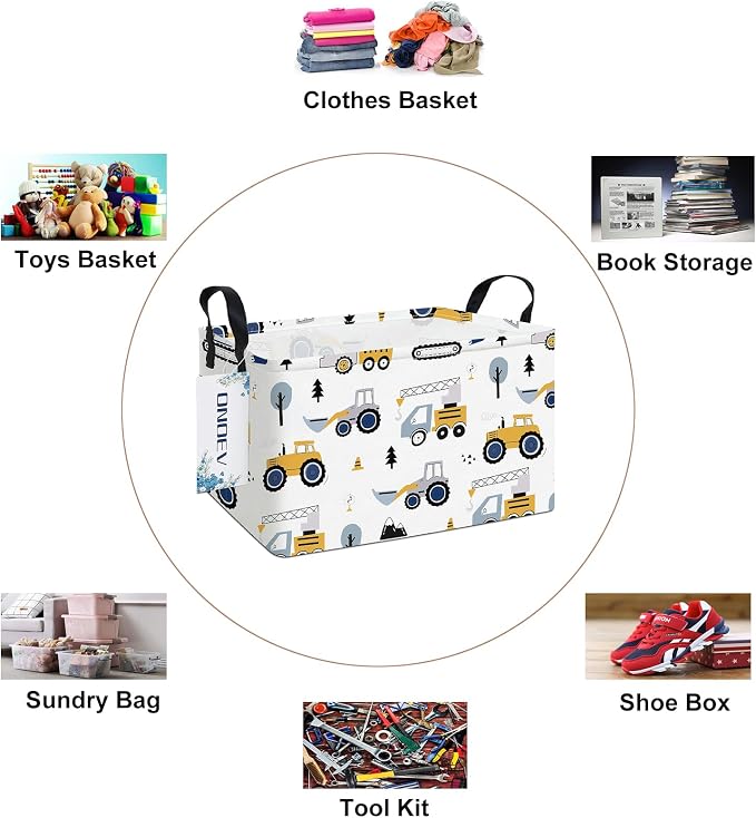 Rectangular Construction Vehicle Storage Basket for Boys,Collapsible Fabric Toy Storage Bin with Handles,Cute Excavator Tractor Truck Organizer for Kids Room,Nursery,Playroom,Closet (Excavator)