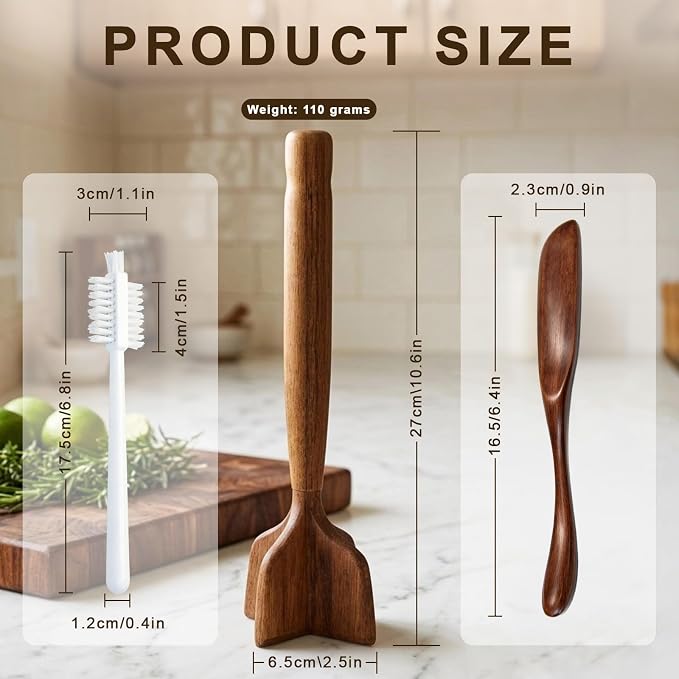 Teak Wooden Meat Chopper 3-Piece Set, Ground Beef Masher,Burger Crusher, Natural Non-Stick Durable Meat Hammer, Includes Wooden Scraper and Cleaning Brush