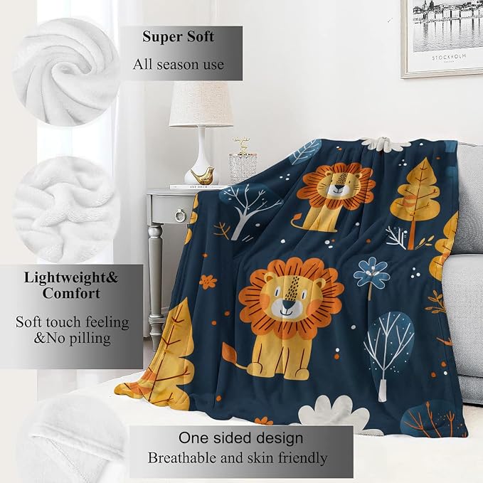 Lion Blanket Cute Cartoon Jungle Tree Throw Blankets,Birthday Gifts for Kids Adult & Animal Lovers,Lightweight Soft Fleece,for Sofa Couch Bed Room Rustic Safari-Themed Decor 50x60in