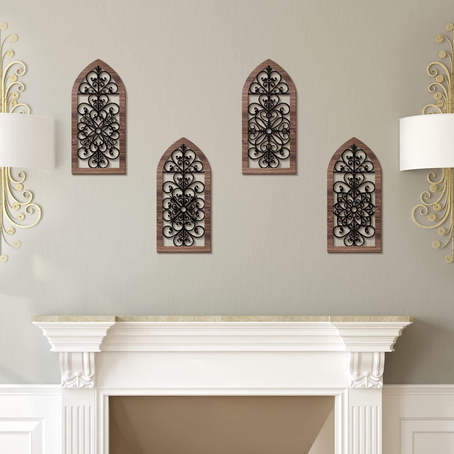 4 Pieces Thicken Rustic Wood Wall Decor Arch Modern Farmhouse Wall Art Decor Wooden Hollow Carved Design Rustic Home Art for Living Room Bedroom Office Kitchen (Classic Style)