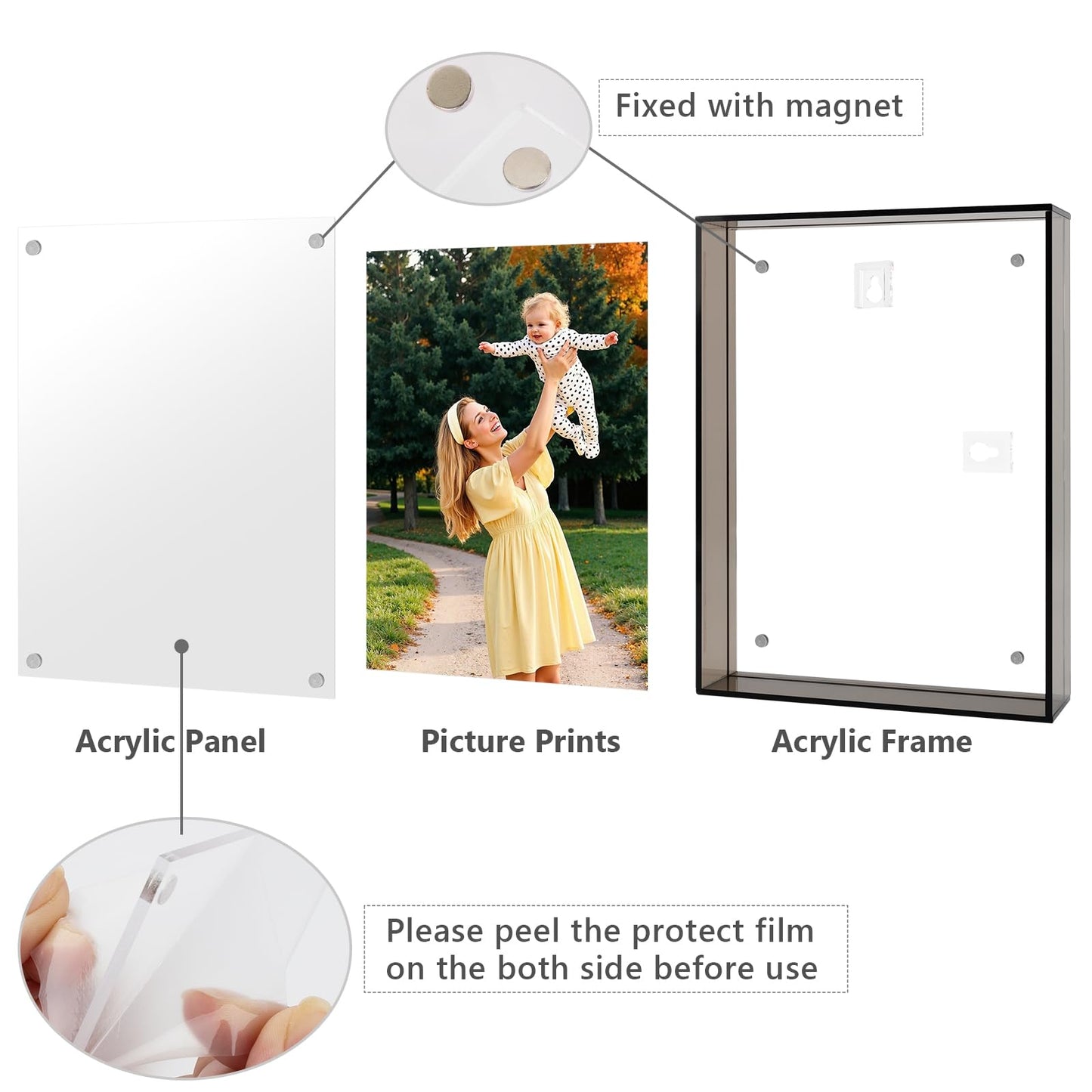 5x7 Acrylic Picture Frame Black - Clear Floating Photo Frames for 5 x 7 Inches Art Print - Individual for Tabletop Display - With Hangers for Wall Mount Horizontal or Vertical - 1 Pack