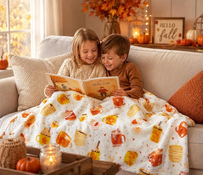 Serafina Home Fall Fleece Throw Blanket: Velvety Soft Pumpkin Spice Cozy Wrap Accent for Sofa Couch Chair Bed Dorm, 50" x 70"