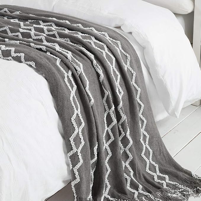 BOURINA Fluffy Chenille Knitted Fringe Throw Blanket Lightweight Soft Cozy for Bed Sofa Chair Throw Blankets, Grey 50" x 60"