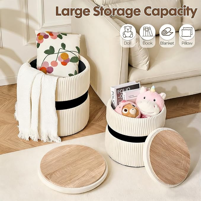 Velvet Round Ottoman Set of 2 with Storage, 12 Gallon Hidden Storage Ottoman, Multi-Functional Footrest Stool, Vanity Seat, Coffee Table, No Assembly Required, Holds 300lbs, (White)