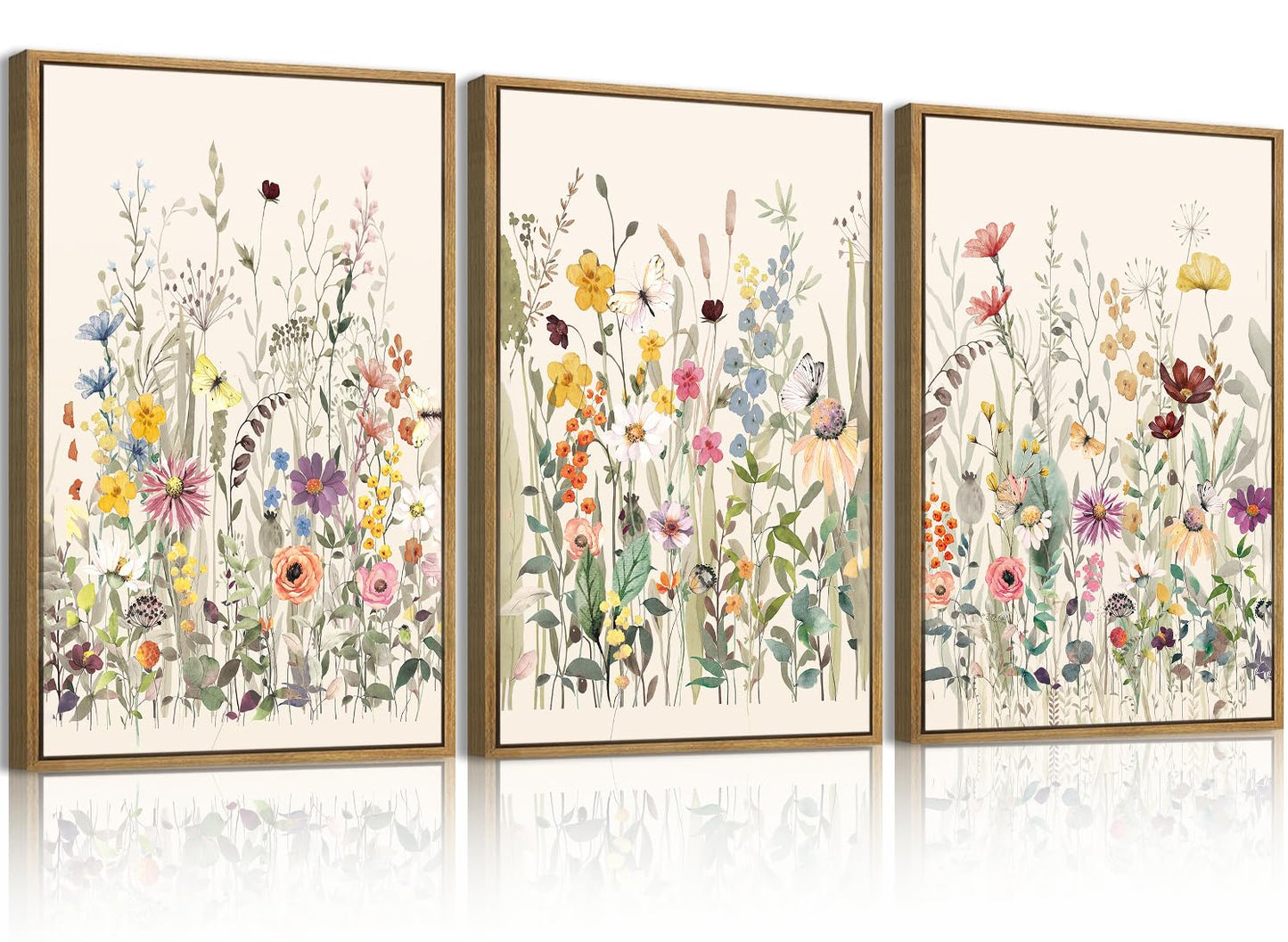 BINCUE Wildflower Wall Art Large Floral Wall Painting Neutral Print Pictures Decor for Living Room Bedroom Bathroom 3 Panel 36x24 Inches