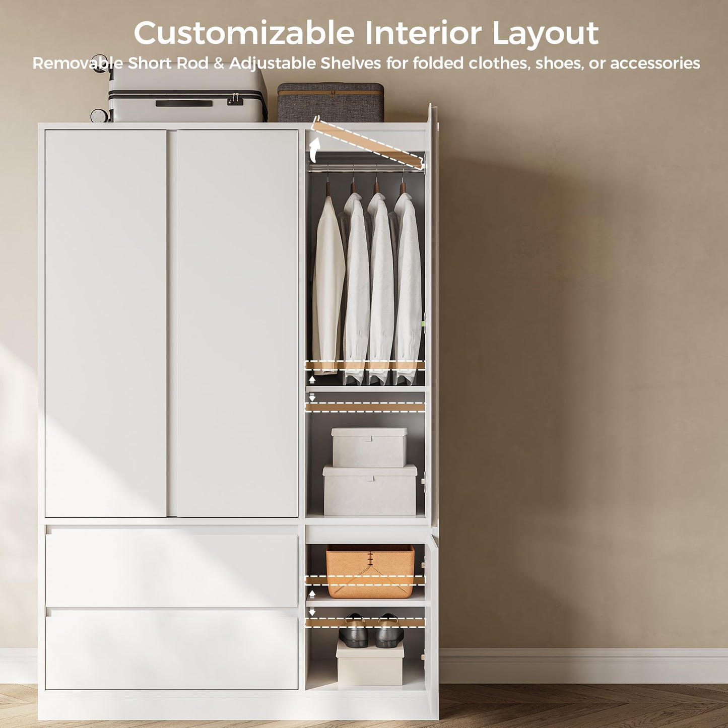 IRONCK 47.2" Armoire Wardrobe Closet with Drawers, White Armoire with Hanging Rods & DIY Adjustable Shelves, Modern Wardrobe with Soft-Close Hinges, Freestanding Closet for Bedroom