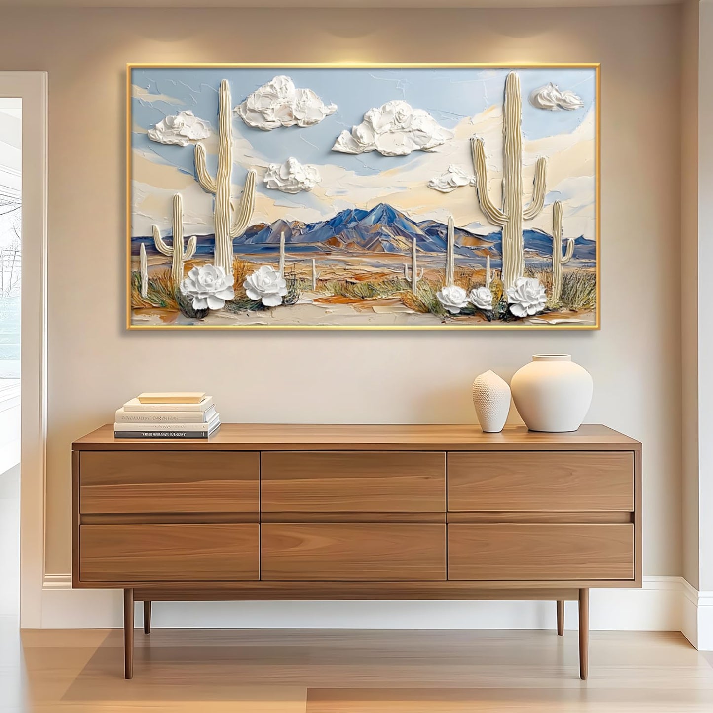 Desert Canvas Wall Art, Cactus Canvas Wall Art, White Desert Landscape Picture Print, Western Print Decor, Rustic Southwestern Painting, Cactus Landscape Decor for Living Room, Bedroom, Kitchen (Black Framed, 36"x20"| 92x52cm)