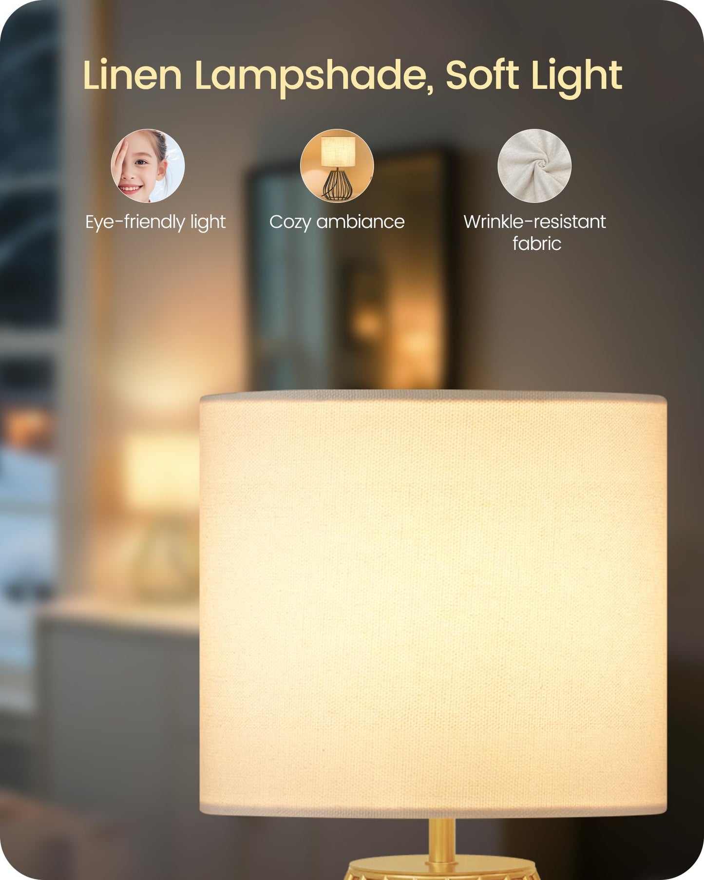GOEBLESON Gold Table Lamp, Small Gold Bedside Lamp with Metal Base & White Linen Lampshade, Modern Nightstand Lamp, Little Cute Desk Lamp for Bedroom, Living Room, 2700K LED Bulb Included, DCW06TL05