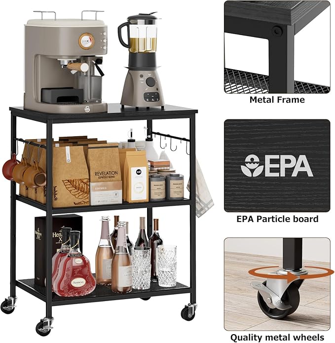 Homleke 3-Tier Rolling Kitchen Microwave Cart, Kitchen Utility Cart on Lockable Wheels, Coffee Bar Table Station with 6 S-Shaped Hooks, Small Appliance Storage Shelf, Black