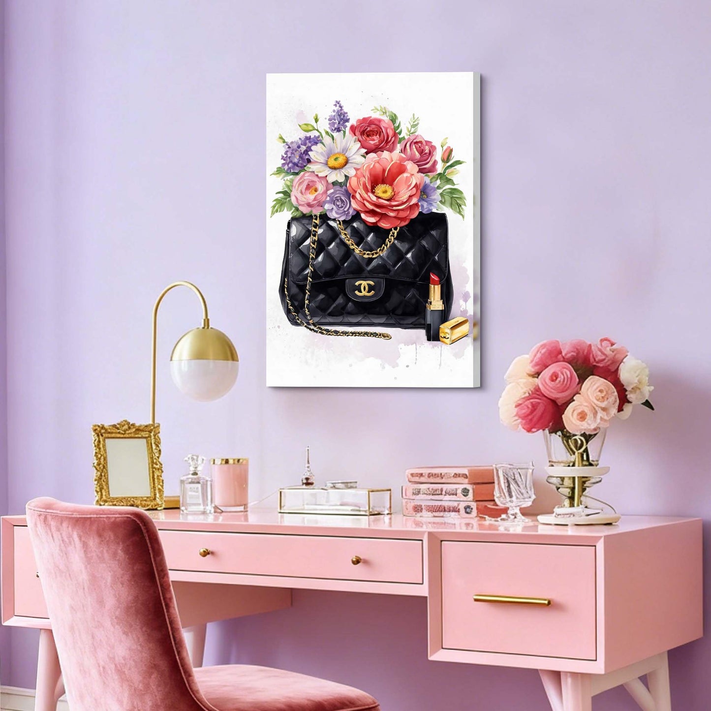 ARTISTIC PATH Luxury Handbag Canvas Wall Art: Fashion Floral Painting Lipstick Picture Print Chic Flower Painting for Bedroom or Living Room