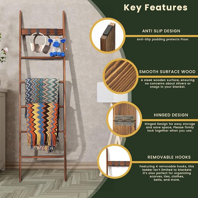Decorative Wooden Blanket Ladder with Removable Hooks for The Living Room & Bedroom, Pine Wood, Easy Assembly 6-Tier Wall Leaning Rack Stand 68 inch for Displaying Blankets & Scarves, Brown