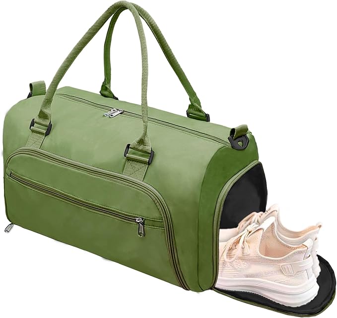 woogwin Small Gym Bag for Men & Women with Shoes & Wet Compartment Waterproof Duffle Bag for Travel Sports Workout Overnight Weekender(17.7'',Army Green)