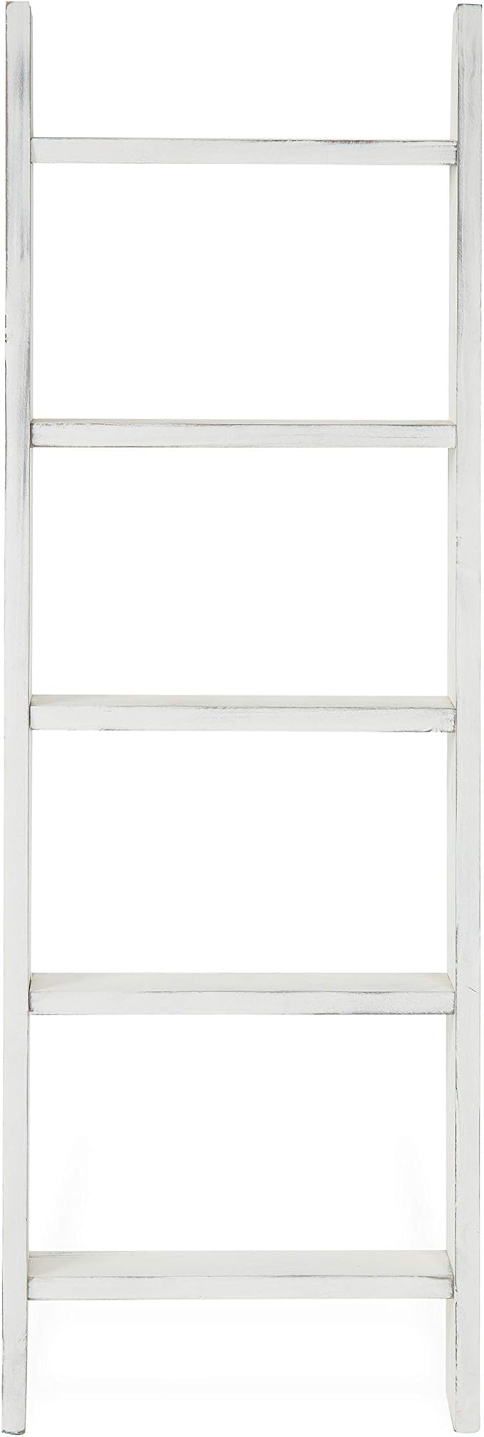 MyGift Large Whitewashed Wood Ladder Blanket Ladder, Farmhouse Style Wall Leaning Towel Rack with 5 Rungs (Vintage White)