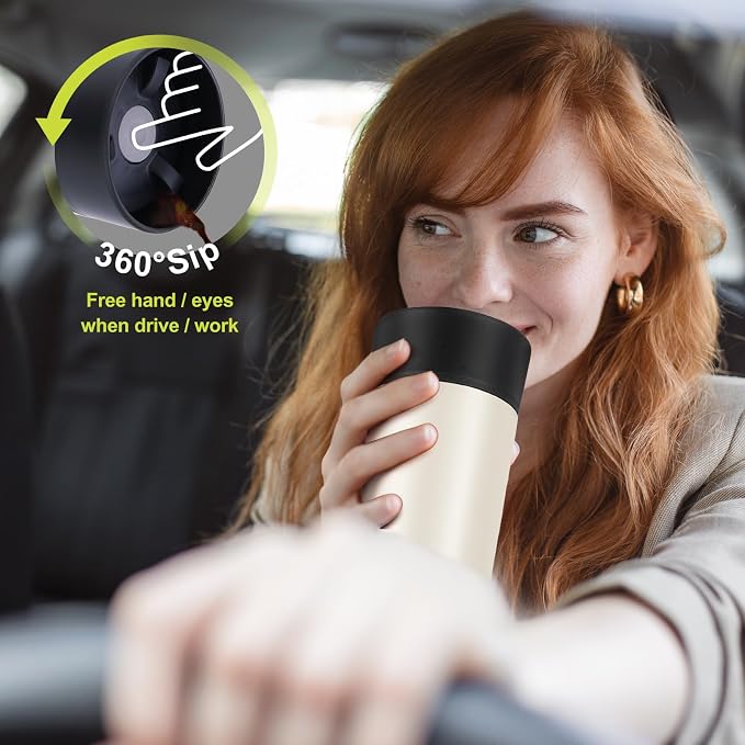 Travel Coffee Mug with 360°Lid, Travel Coffee Tumbler 12 oz Leak Proof, Stainless Steel Insulated Travel Mugs for Hot and Cold Spill Proof Leak Proof(Beige)