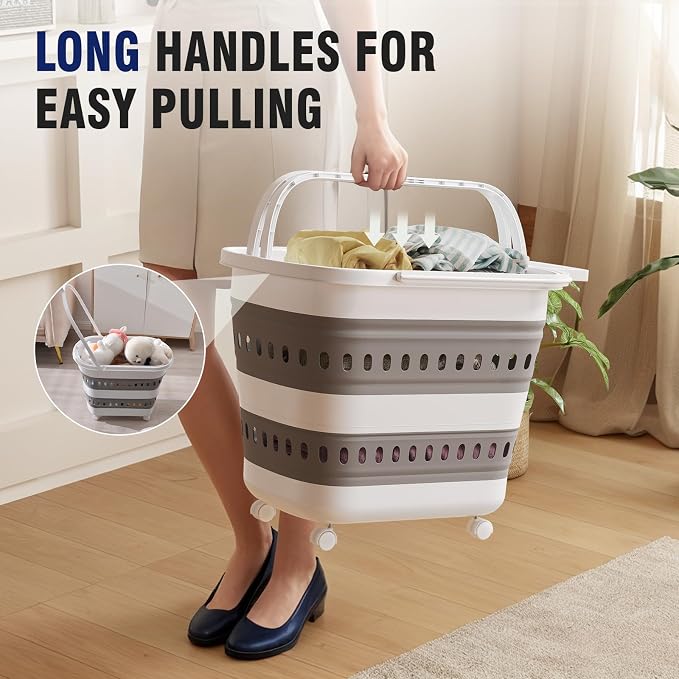 Collapsible Plastic Rolling Laundry Basket Hamper with Wheels, 45L Portable Rubber Clothes Basket, Pop Up Storage Container/Organizer for Washing & Storage, Grey