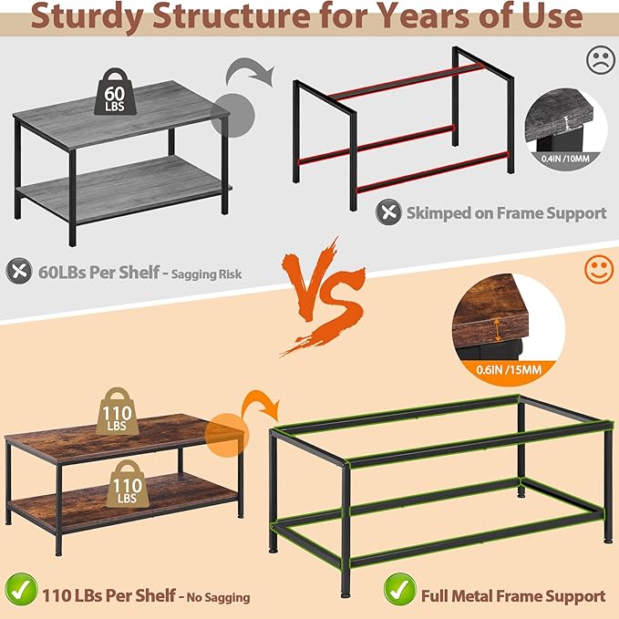 SUPER DEAL 2-Tier Coffee Table with Storage Shelf for Small Apartment Living Room, Rectangle Wood and Stable Metal TV Stand Side End Table, Rustic Brown