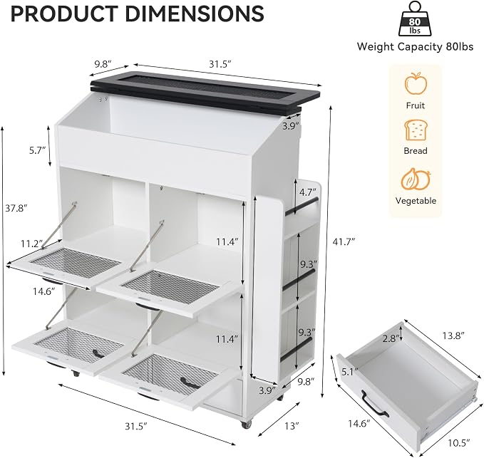 Verano Garden Large Potato and Onion Storage Bin on Wheels, Wood Bread Box w/Lid & Mesh Doors, 4-Tier Rolling Fruit and Vegetable Storage Organizer w/Grocery Section & Side Rack (White, 31.5")
