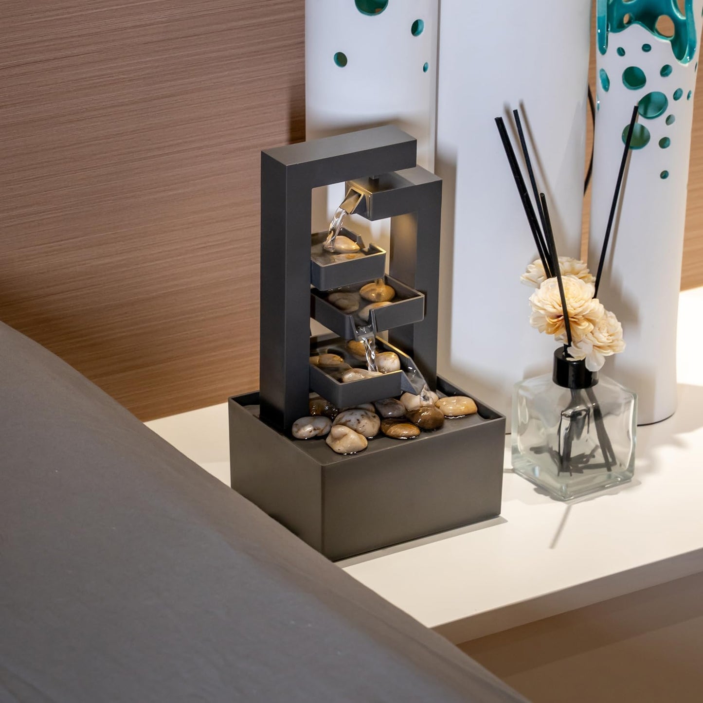 Puulye Desktop Waterfall Fountain Small- 9.65" Relaxation Tabletop Fountain with Soothing Sound for Office & Home Decor - Desktop Water Fountain Feature with Natural Stones