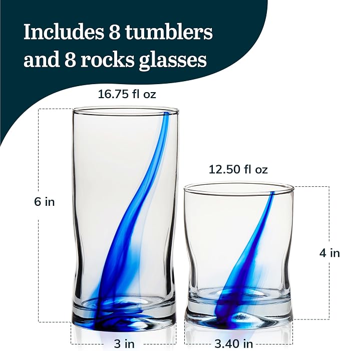 Libbey Blue Ribbon 16 Piece Tumbler and Rocks Glass Set, Infused Blue Ribbon Drinkware Glasses Set, Artisan Inspired Four-Dimple Shaped Rock Glasses, Dishwasher Safe Tumbler Glasses Set