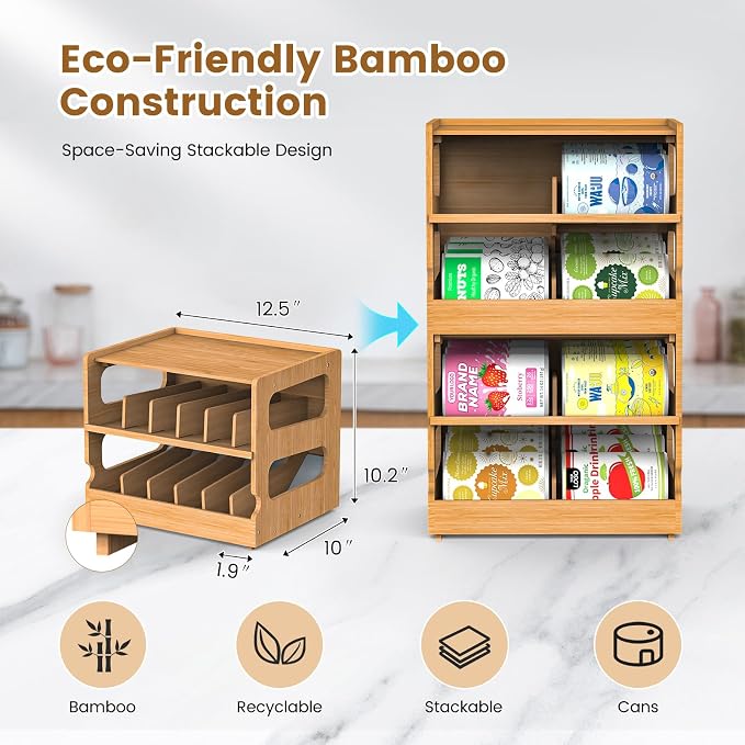 Teamkio Stackable Bamboo Cat Food Organizer, 2-Tier Adjustable FIFO Can Dispenser Space-Saving Storage, Holds Up to 36 Cans - Ideal for Pantry, Cabinet, Countertop