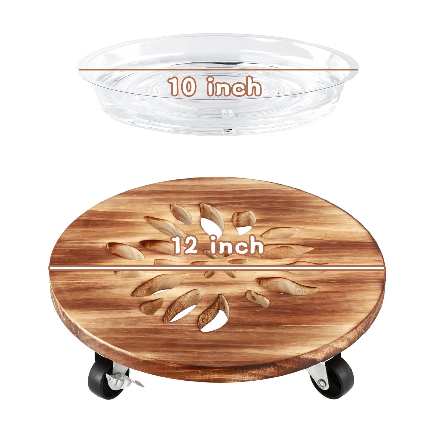 4 Pack Plant Caddy with Wheels Heavy Duty 12 Inch Wooden Plant Stand with Wheels Plant Dolly Rolling Plant Stand Plant Roller with Casters for Indoor and Outdoor with 4 Pack Plant Saucers, Round