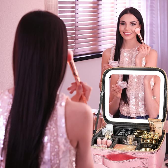 Extrei Gent Makeup Travel Train Case with Mirror LED Light 3 Adjustable Brightness Large Cosmetic Bag Portable Storage Adjustable Partition Waterproof Makeup Brushes Make up Jewelry Gift for Women