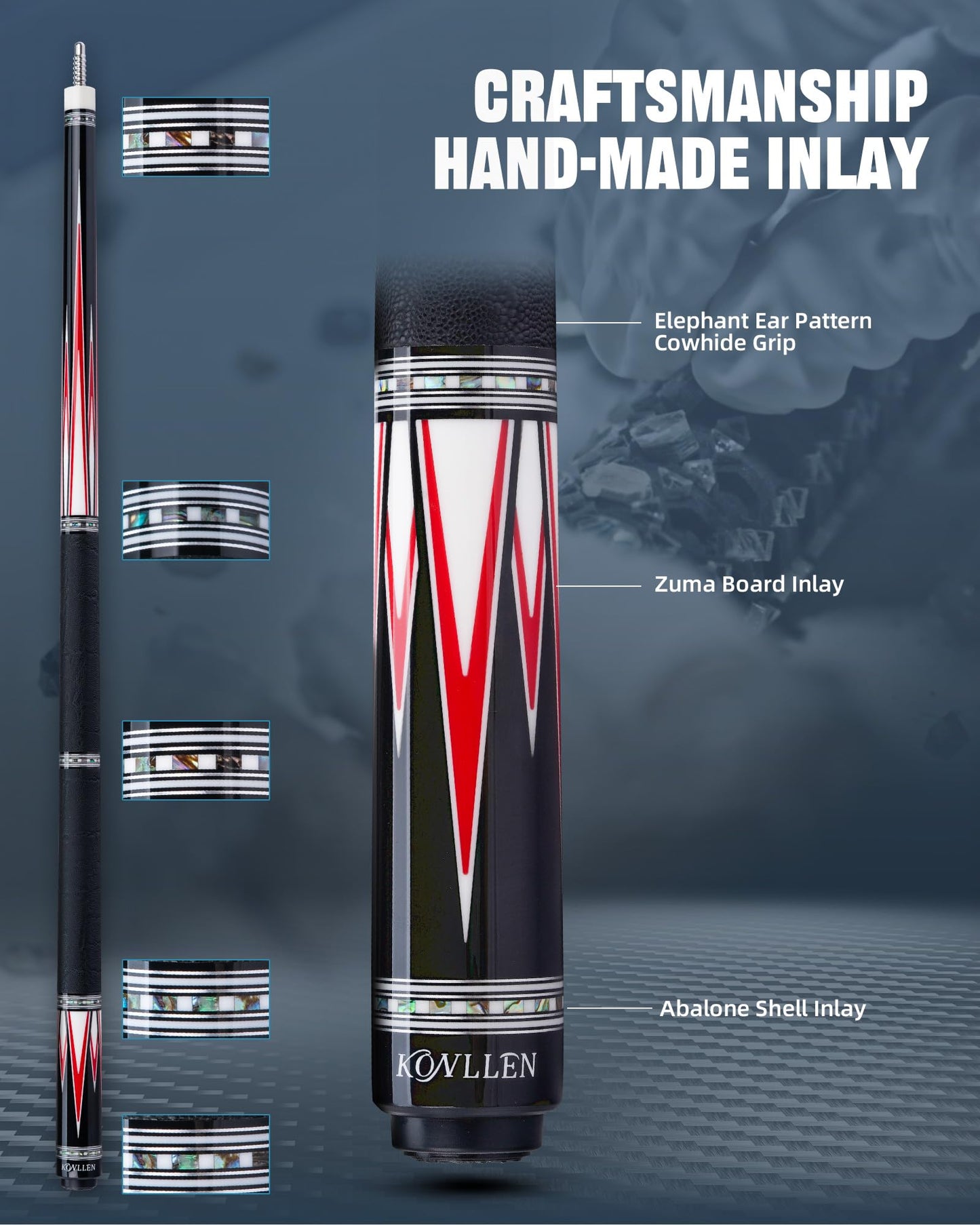 KONLLEN 2.0 Pool Cue Complete Set with Case & Extras | Hand-Inlaid Carbon Fiber Pool Cue with Professional Taper | Low Deflection Shaft for Adults & League Players