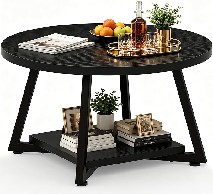 Round Coffee Table for Living Room, 27.6“ Circle Coffee Table, 2-Tier Industrial Coffee Tables with Storage, Wood Coffee Table, Modern Accent Table for Apartment, Office, Small Space, Black