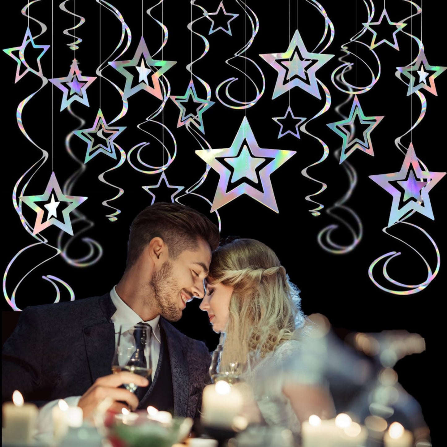 Iridescent 3D Hollow Star Garland with Holographic Foil Hanging Swirl Decorations Holographic Star Ornaments Bunting Banner Streamer for Birthday Baby Shower Wedding Ramadan EID Party Decor