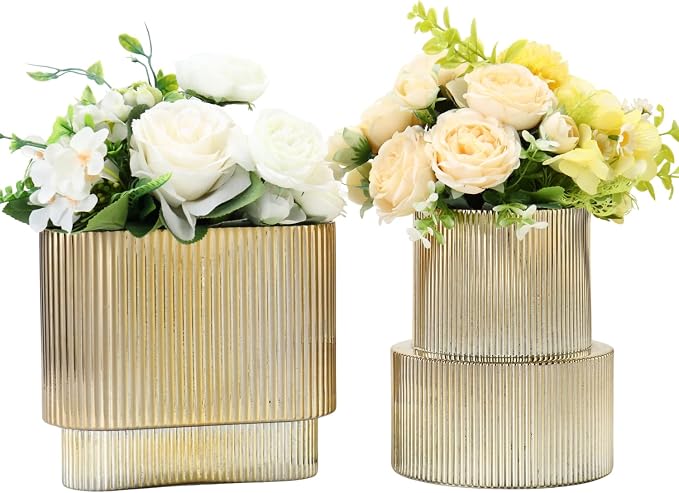 Gold Glass Vases, Set of 2 Ribbed Vases for Flowers, Gold Vase for Tulips, Modern Glass Vase for Living Room, Dining Table, Office, Entryway, Mantle, Bookshelf, Wedding Gifts