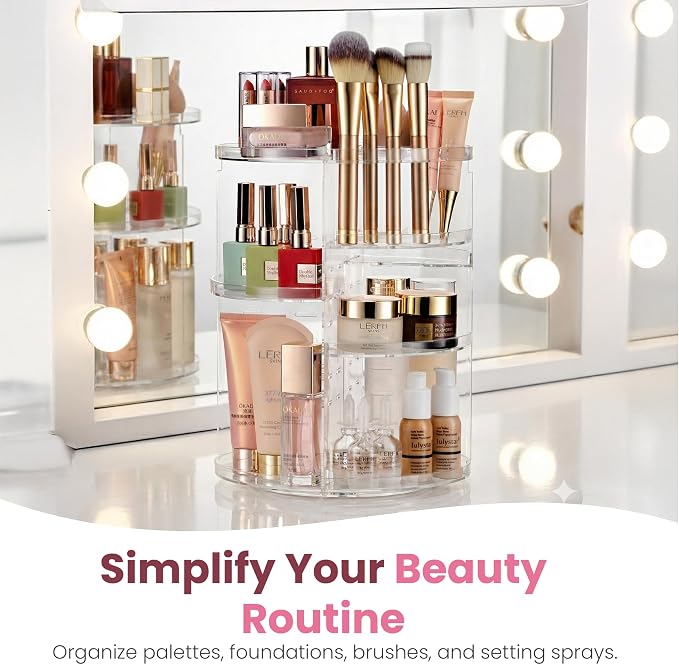 Masirs 360 Rotating Makeup Organizer Countertop - Adjustable Shelf Height - The Perfect Round Spinning Cosmetic Organizer for Bedroom Dresser or Vanity Countertop Storage (Clear)
